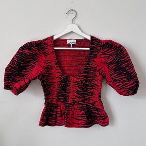 Ganni Tiger Print Smocked Cropped Puff Sleeve Top Red Size 38
